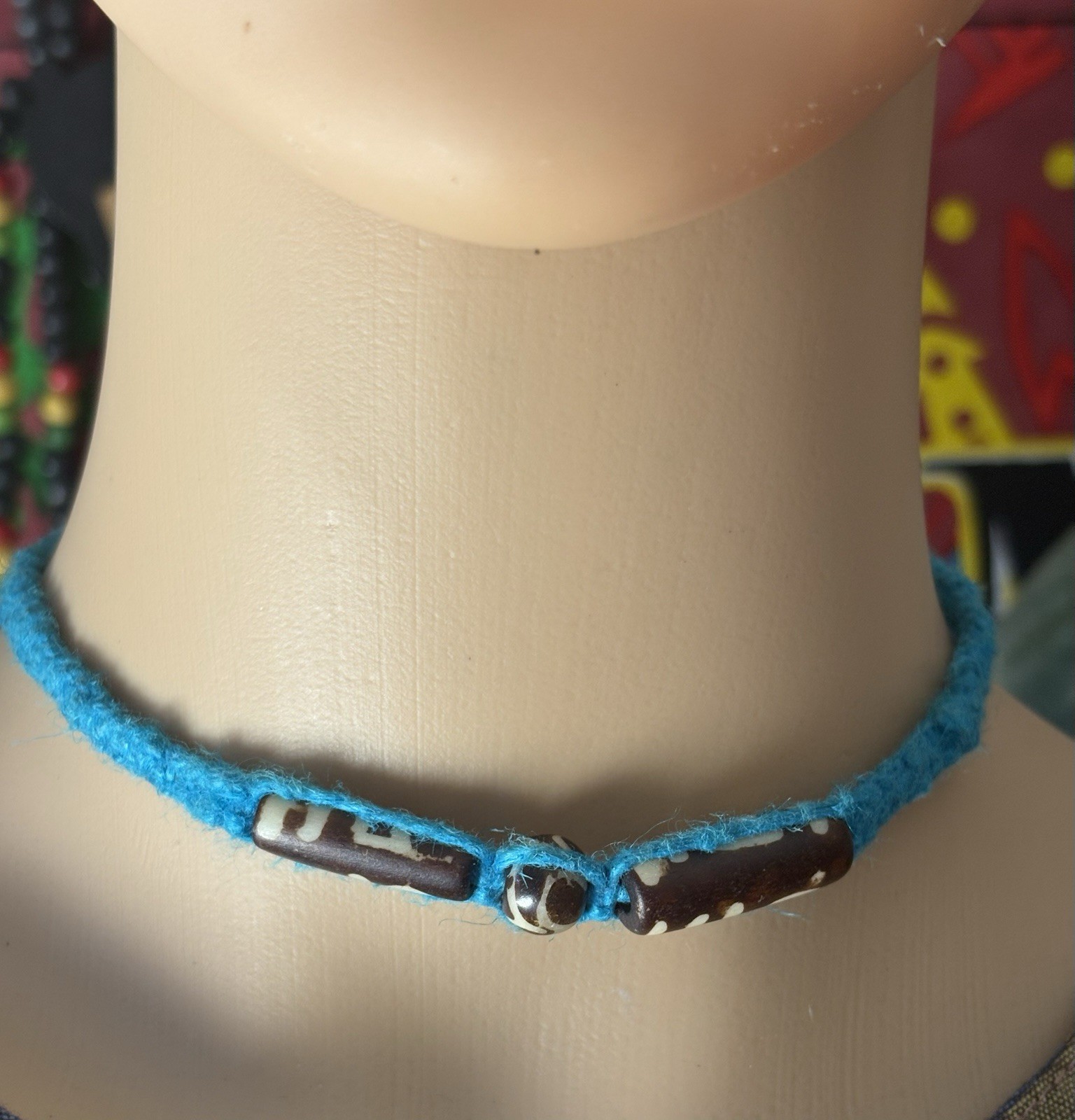 Wood Carved Bead Pendant Blue Cord Beaded Necklace Boho Adjustable Tie Closure