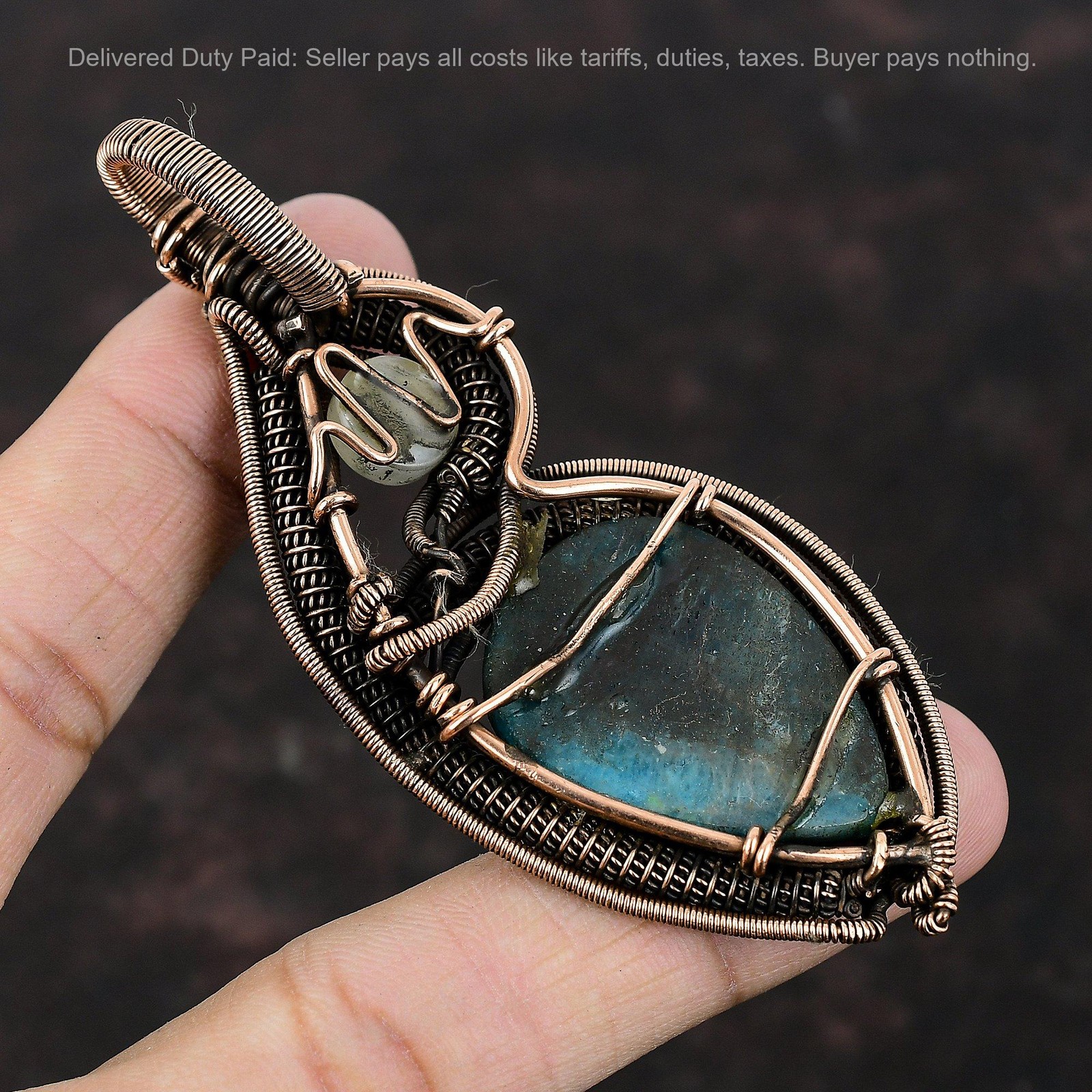 Copper Pear Natural Neon Apatite Rainbow Moonstone Elegant Wire Wrapped Pendant