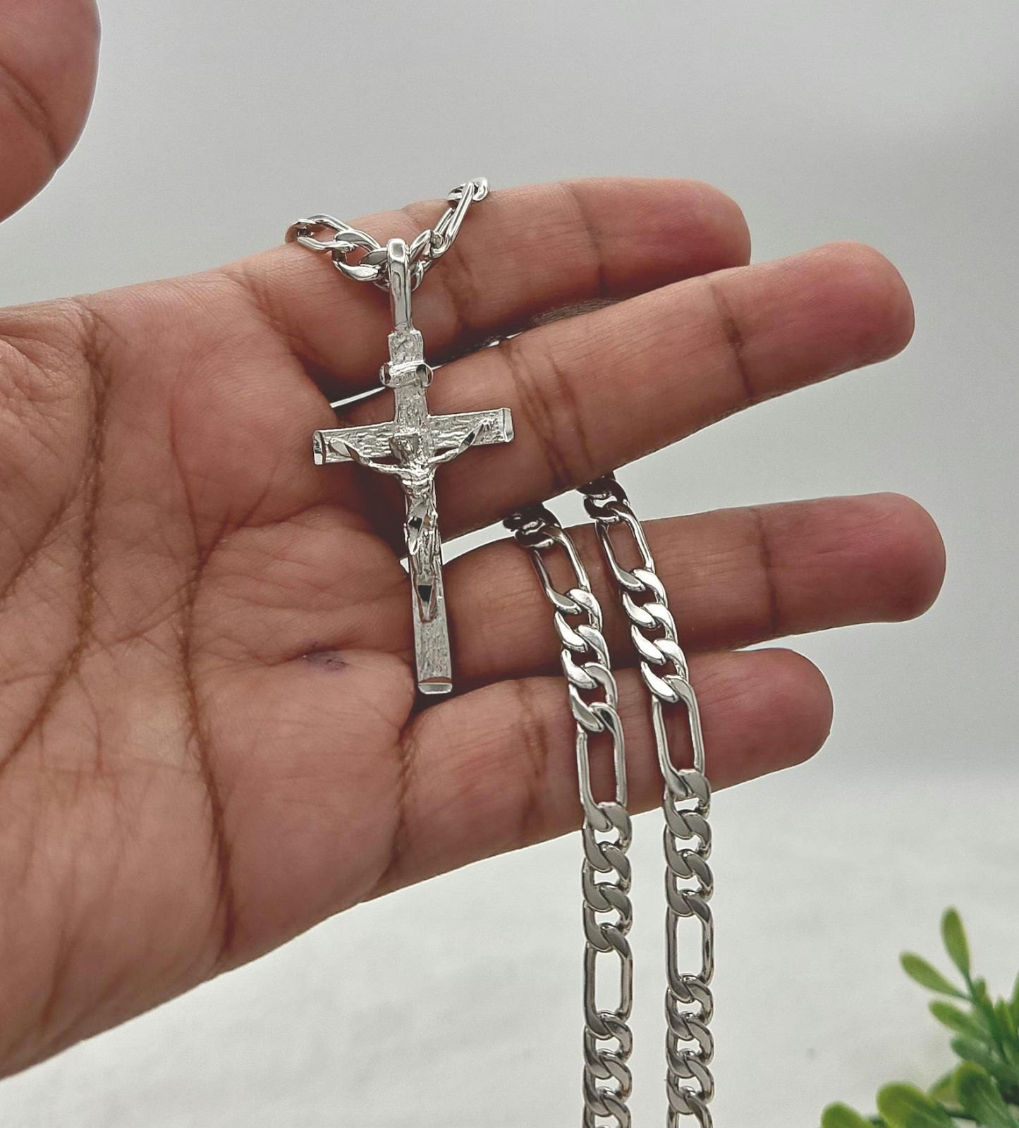 Silver Crucifix Necklace: 5mm Figaro Chain, Rhodium Plated, Men’s Necklace