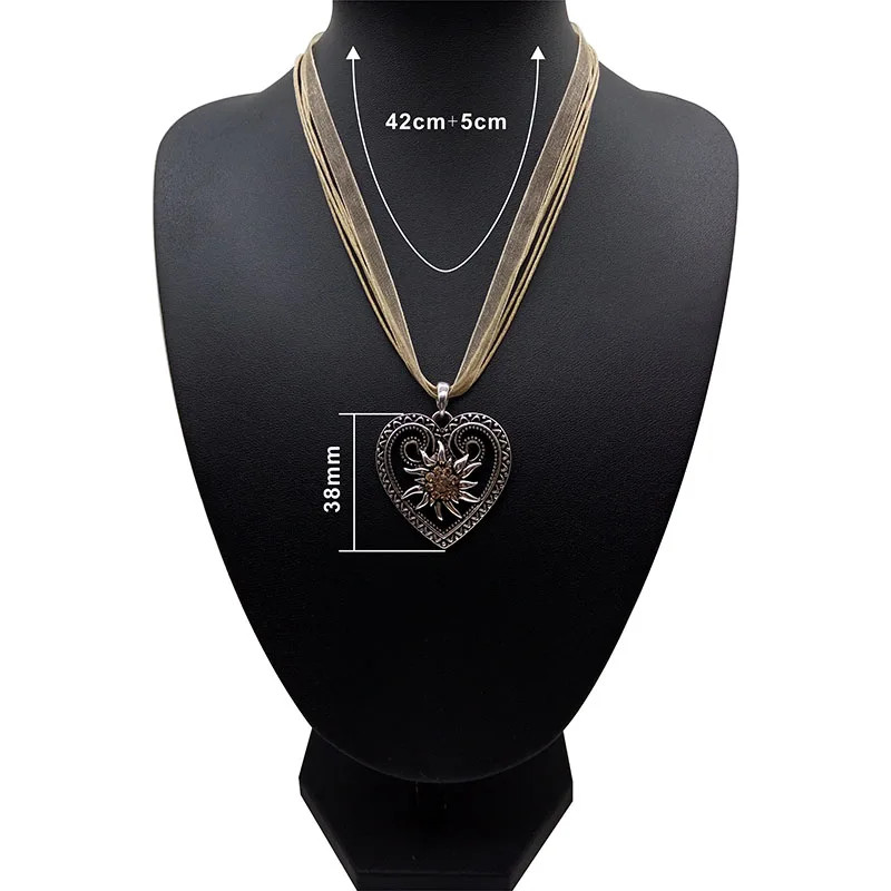New Vintage Heart Edelweiss Flowers Necklace Organza Ribbon Pendant Women