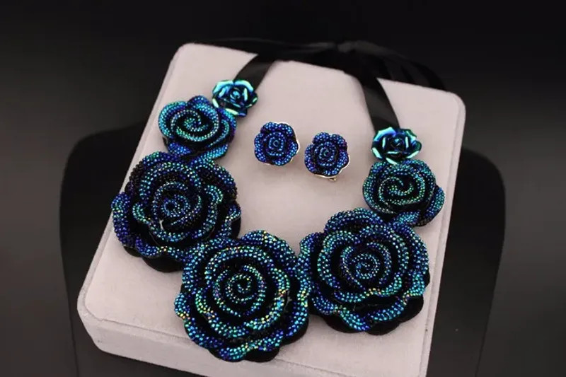Blue Resin Flower Necklace Earrings Set Women Chunky Statement Jewelry New Gift