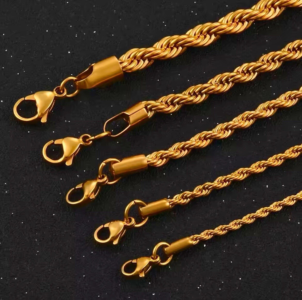 18K Gold Plated Rope Chain Necklace Stainless Steel Lobster Clasp 2–6mm 16–30in