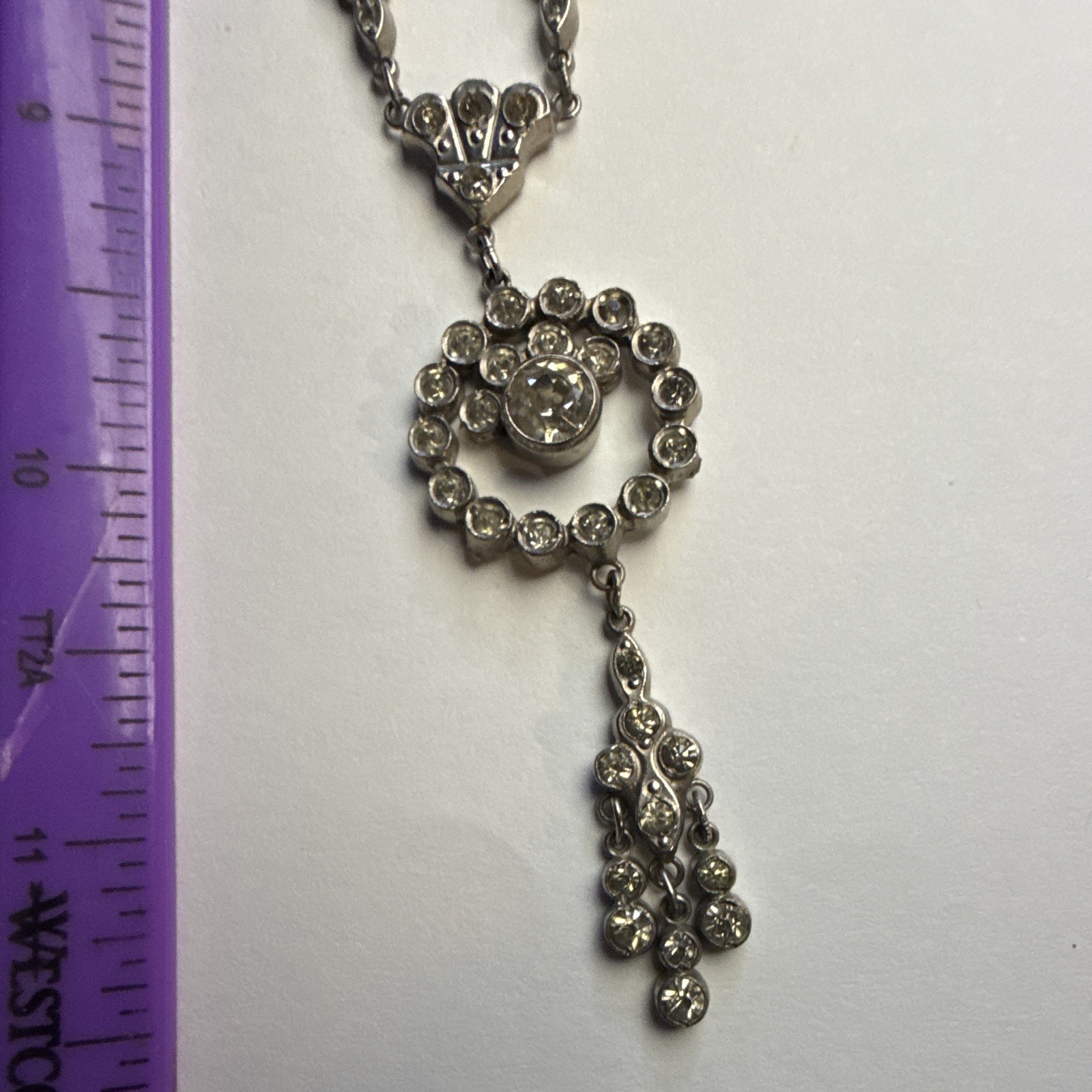 Silver Tone Clear Rhinestone Round Bezel Charm Pendant Rope Necklace Spring Ring