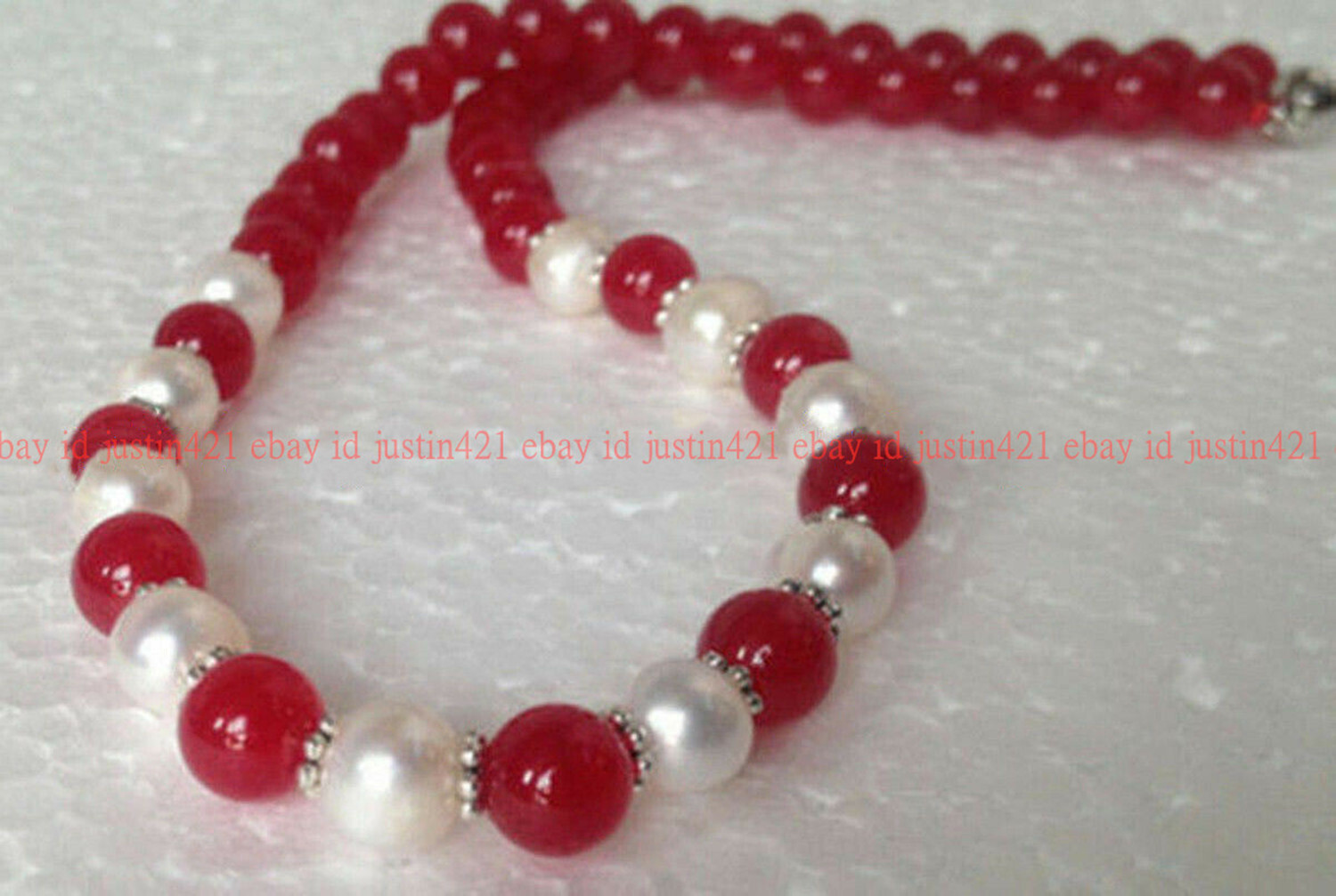 Natural 7-8mm Genuine 8mm Red Jade Round Gems & 7-8mm White Pearl Necklace 20″