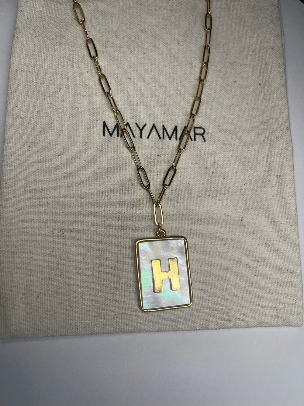 Gold H Rectangle Pendant Paperclip Necklace with Mother-of-Pearl by Mayamar