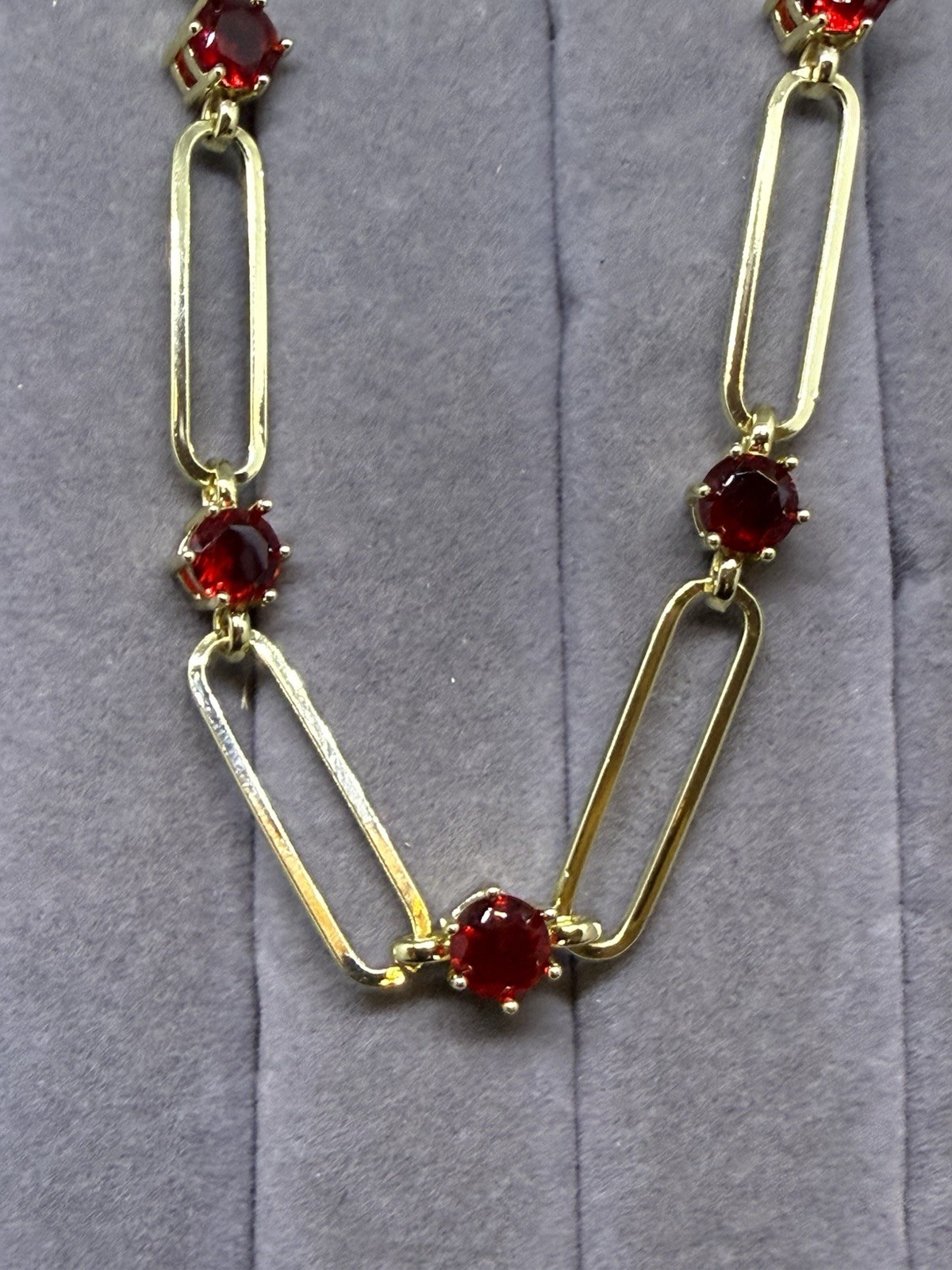Red Austrian Crystal Paperclip Chain Necklace 18-20 Inches In Goldtone.