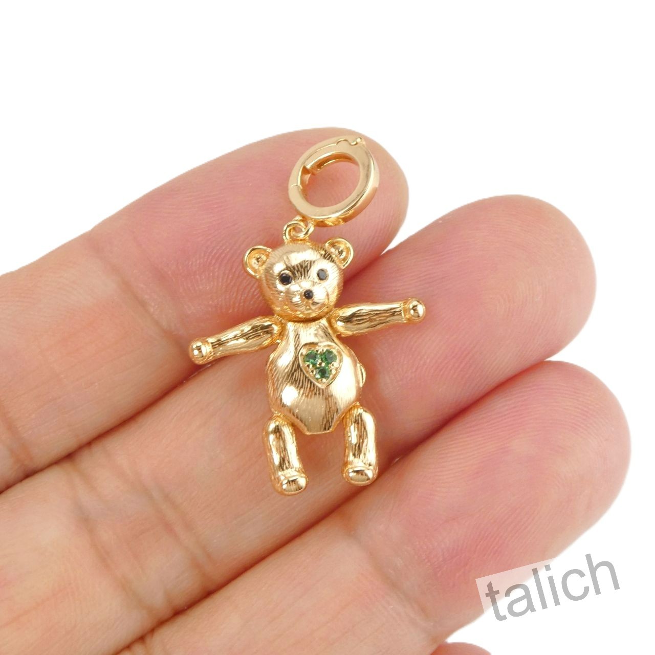 14K Gold Plated Sterling Silver CZ Teddy Bear Locket Charm Pendant Movable Arms