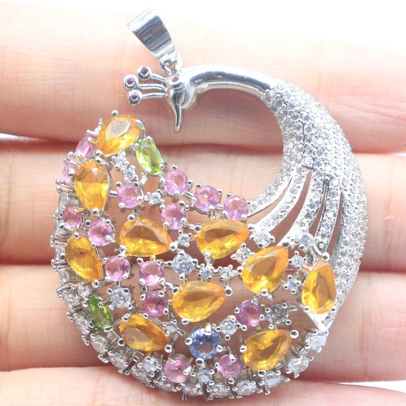 Multi Color Peacock Big Tourmaline Citrine Blue Topaz Kunzite CZ Silver Pendant
