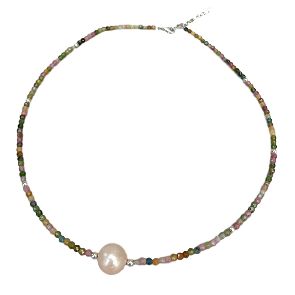 Natural Multi Color Tourmaline Pink keshi Pearl Choker Necklace silver clasp