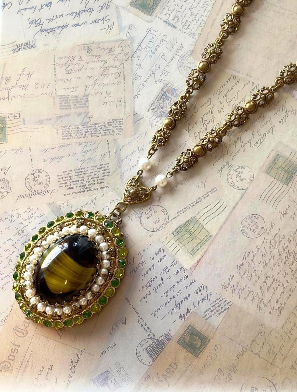 Vintage West Germany Victorian Revival Brass Filigree Striped Art Glass Cabochon
