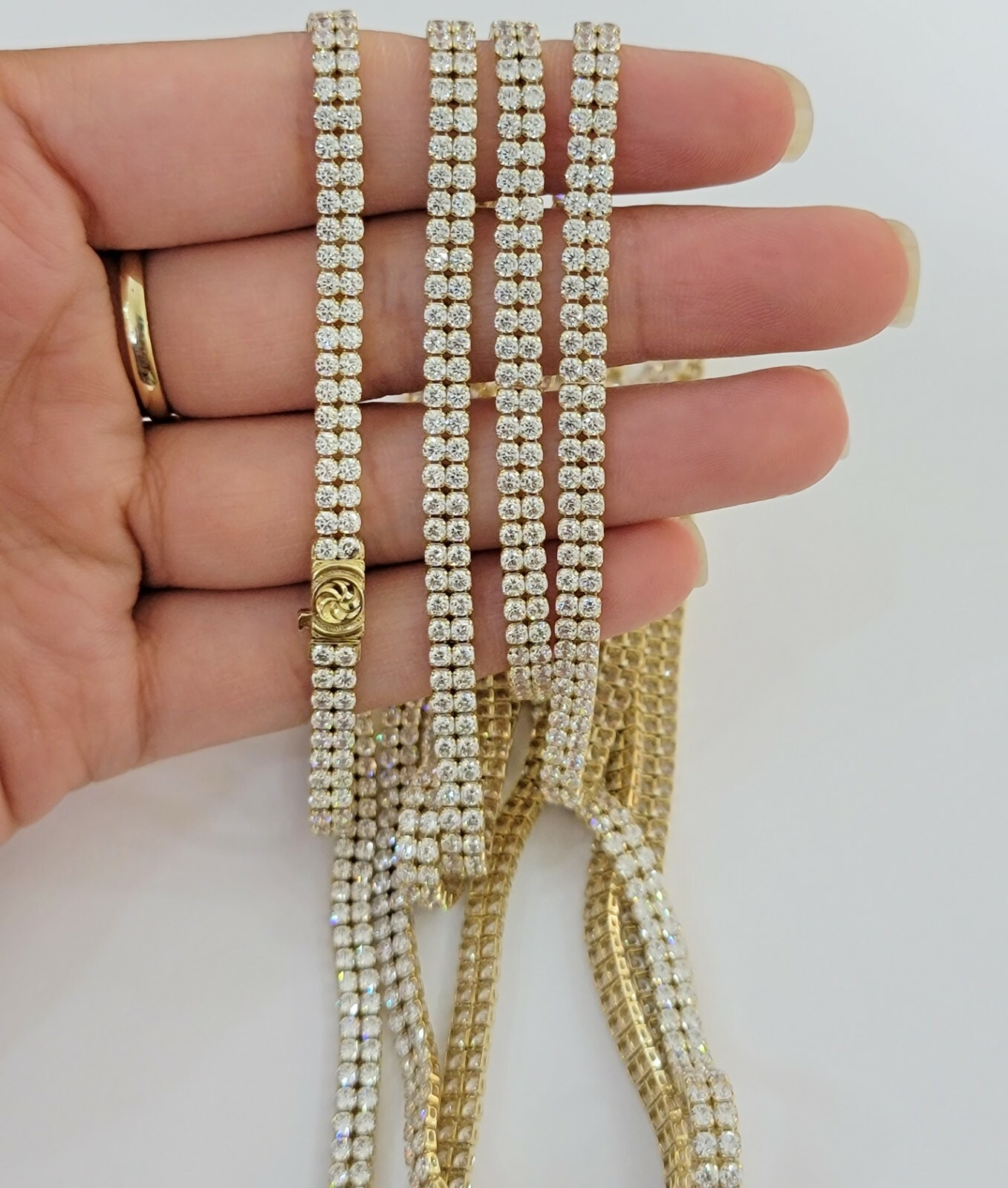 10k Yellow Gold Chain Real Tennis Necklace 18″ 20″ 22″ Two-row Stone Mens Women