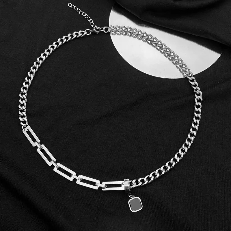 316L Stainless Steel Two Tone Chain Necklace for Men Black Square Tag