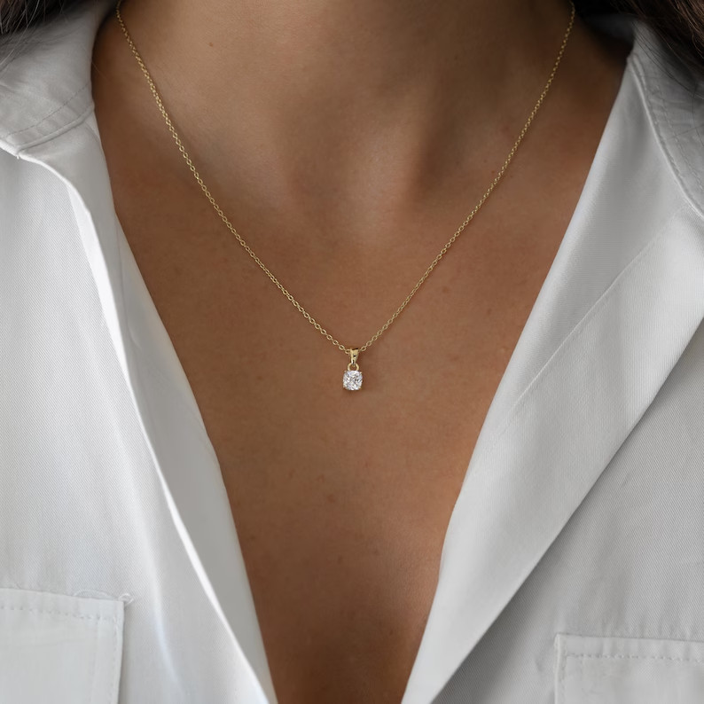 2 Ct Cushion Cut Pendant Necklace Simulated Diamond In 14k Yellow Gold Plated