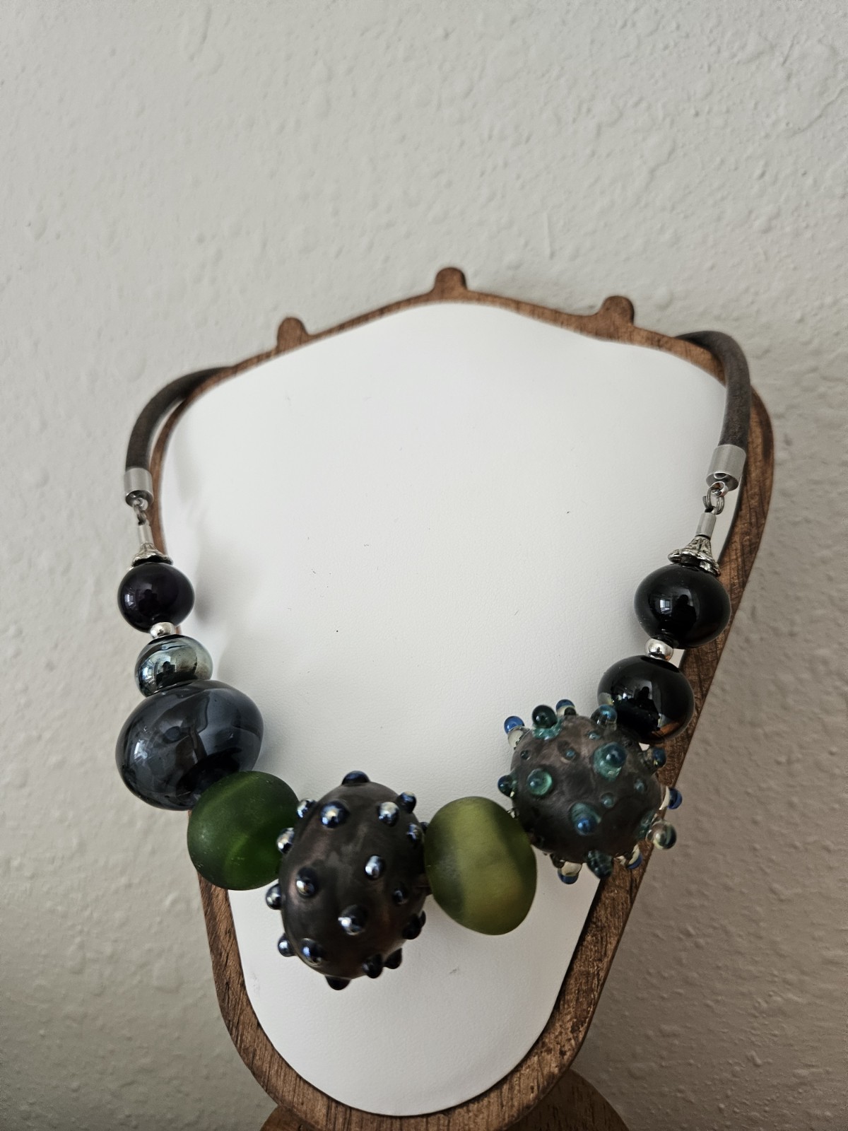 Statement Beaded Necklace Black Green Gray Round Glass Beads Leather Cord