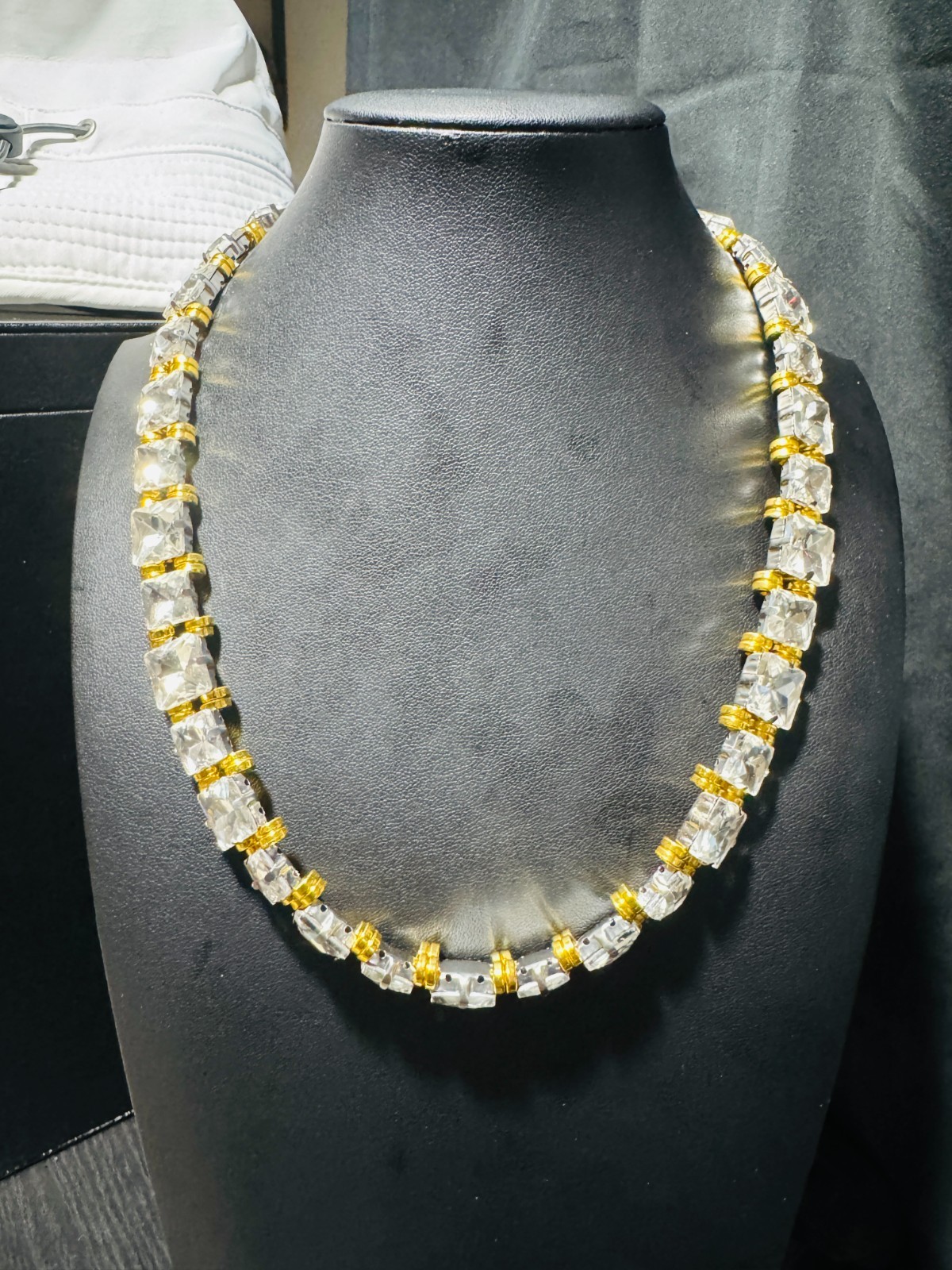 White Colorless 12mm and 10mm Rhinestone Necklace Gold Trim 18.5 in + 2 in
