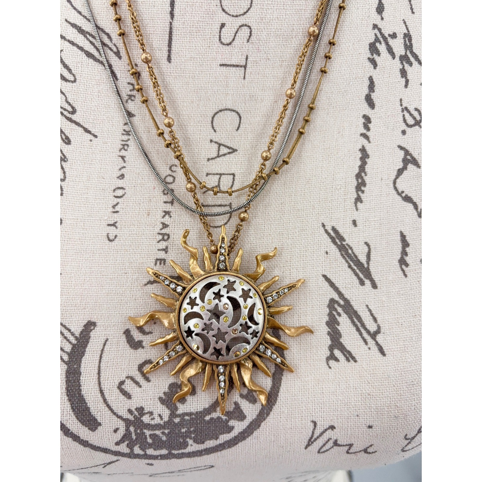 Chico’s Sunburst Pendant Necklace Two Tone Multi Strand Sun Moon Star Celestial