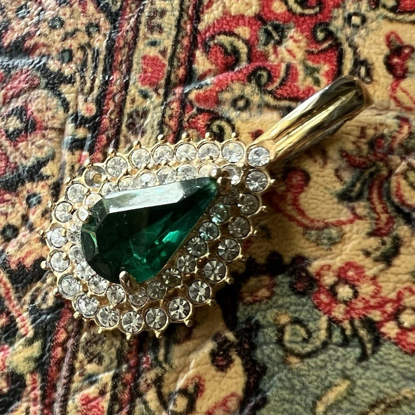 Vintage Roman’s Teardrop Green Crystal Halo Pendant Charm, Yellow Gold Tone Bail