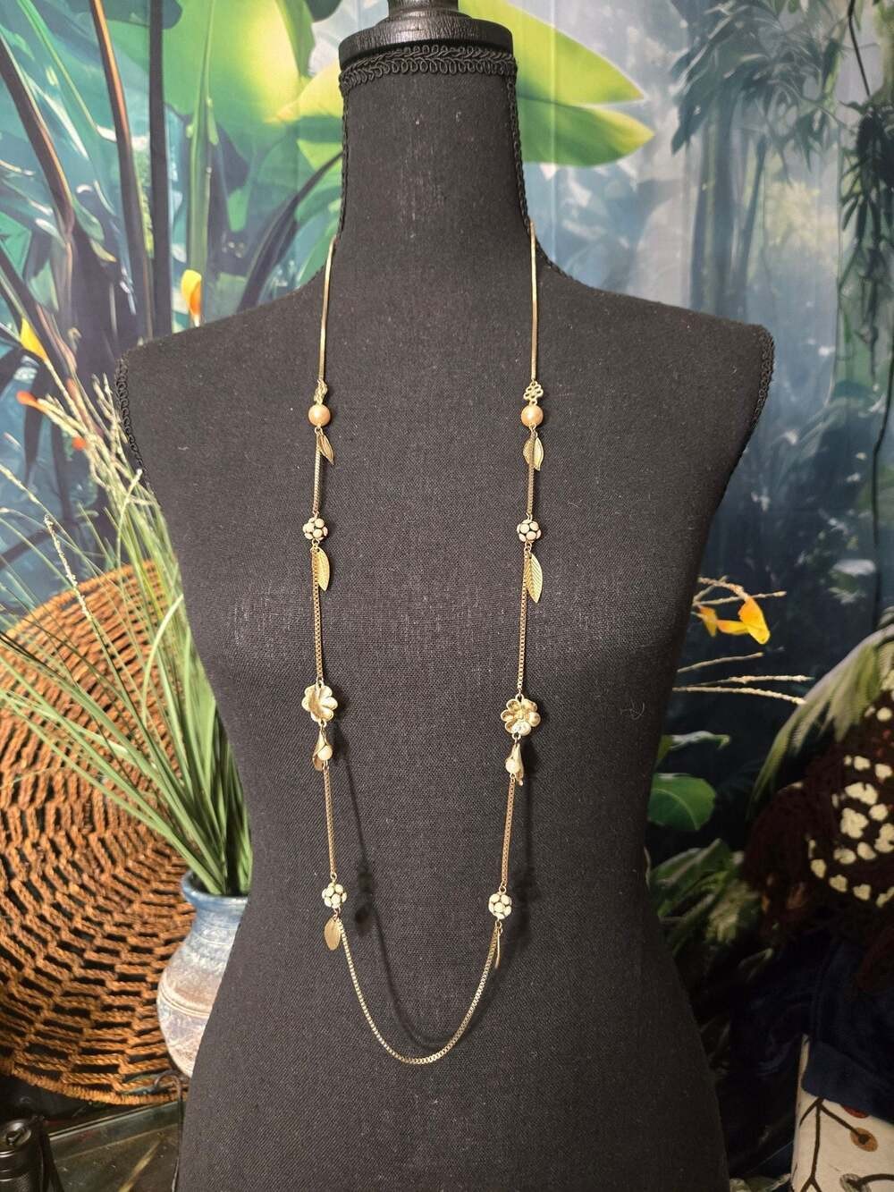 Gold Tone Floral and Pearl Beaded Long Necklace