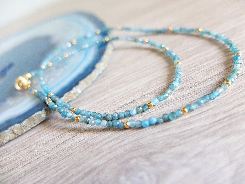 A++ Dainty Apatite Faceted Round Gemstone Gold Filled Beads Women Necklaces 24”
