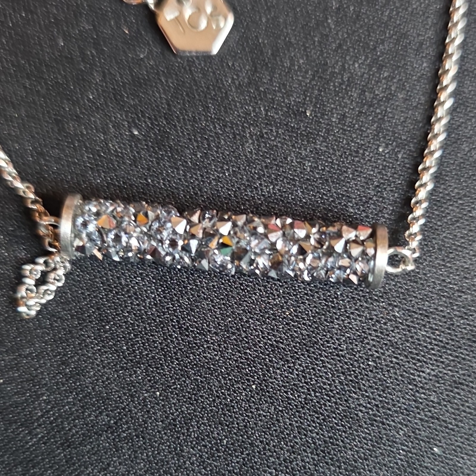 ICS Silver Tone Clear Crystal Pavé Bar Pendant Box Chain Necklace Signed