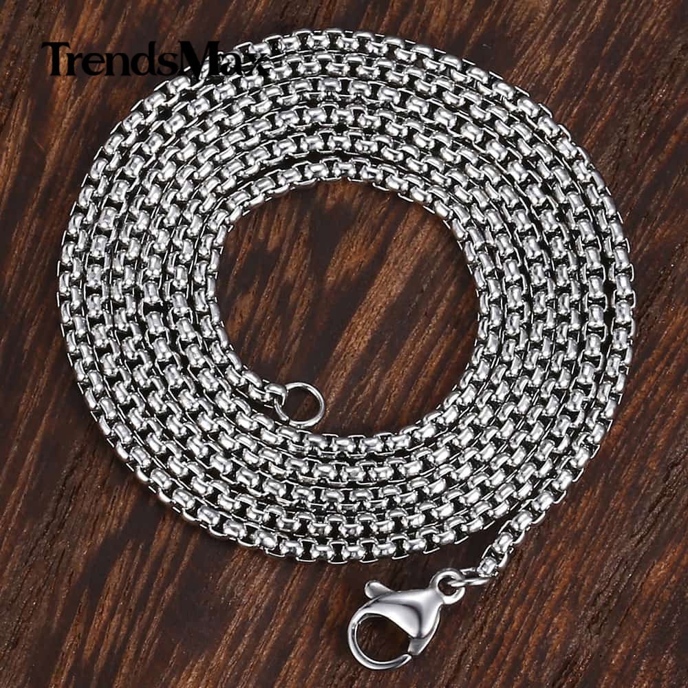 1.5-4mm Silver Tone Stainless Steel Round Box Necklace Men Women Chain 18-28″