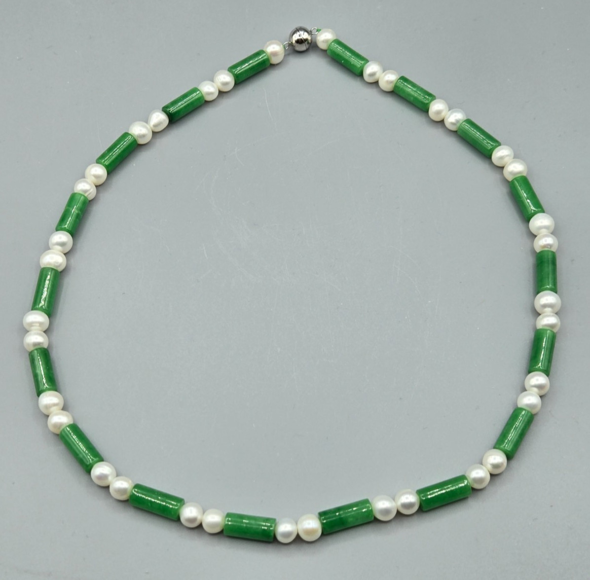 Natural White Freshwater Pearl 7-8mm, 15 x 6mm Green Jade Necklace Bracelet Set
