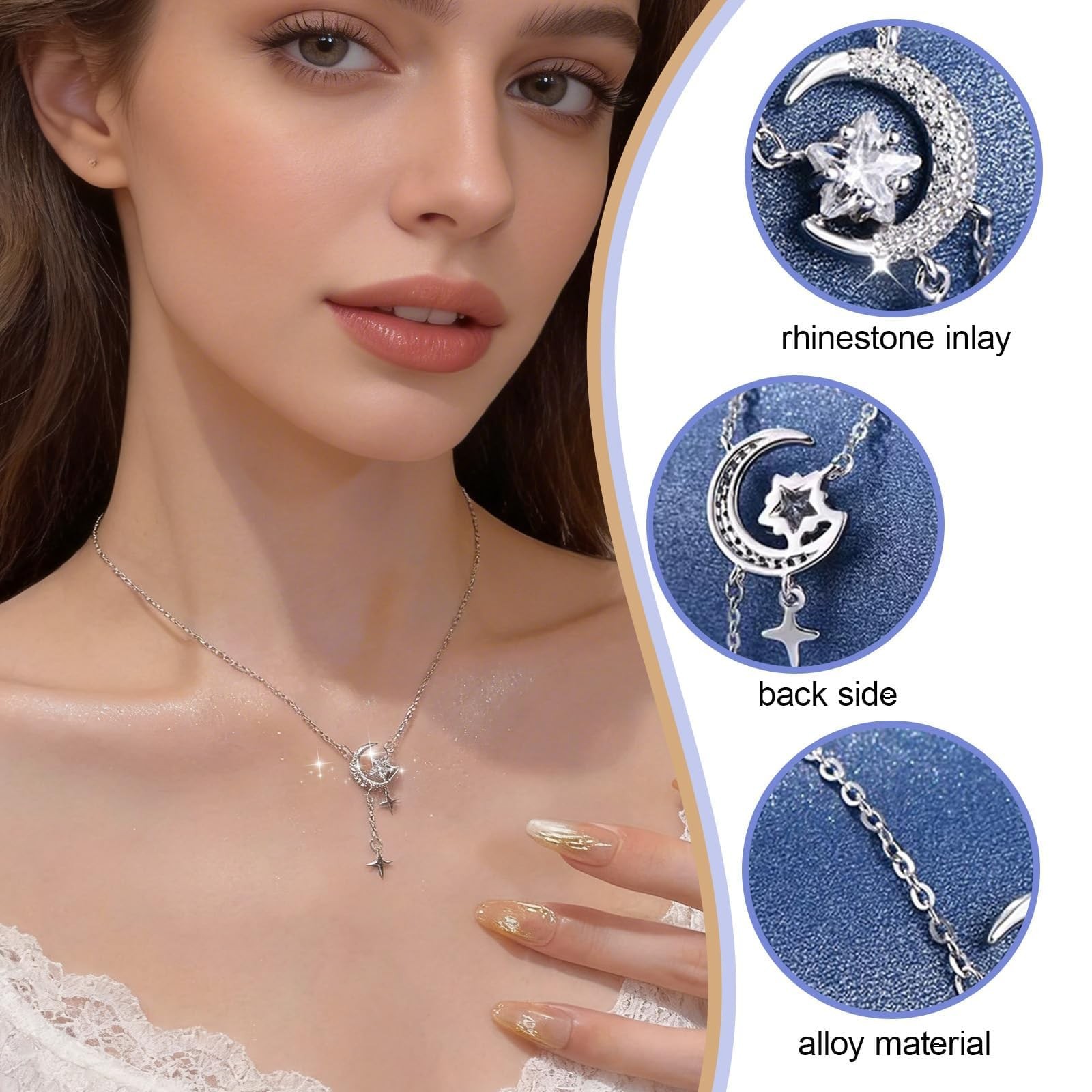 Moon Necklace Silver Moon Star Pendant Y-shaped Dainty Necklace for Adults We…