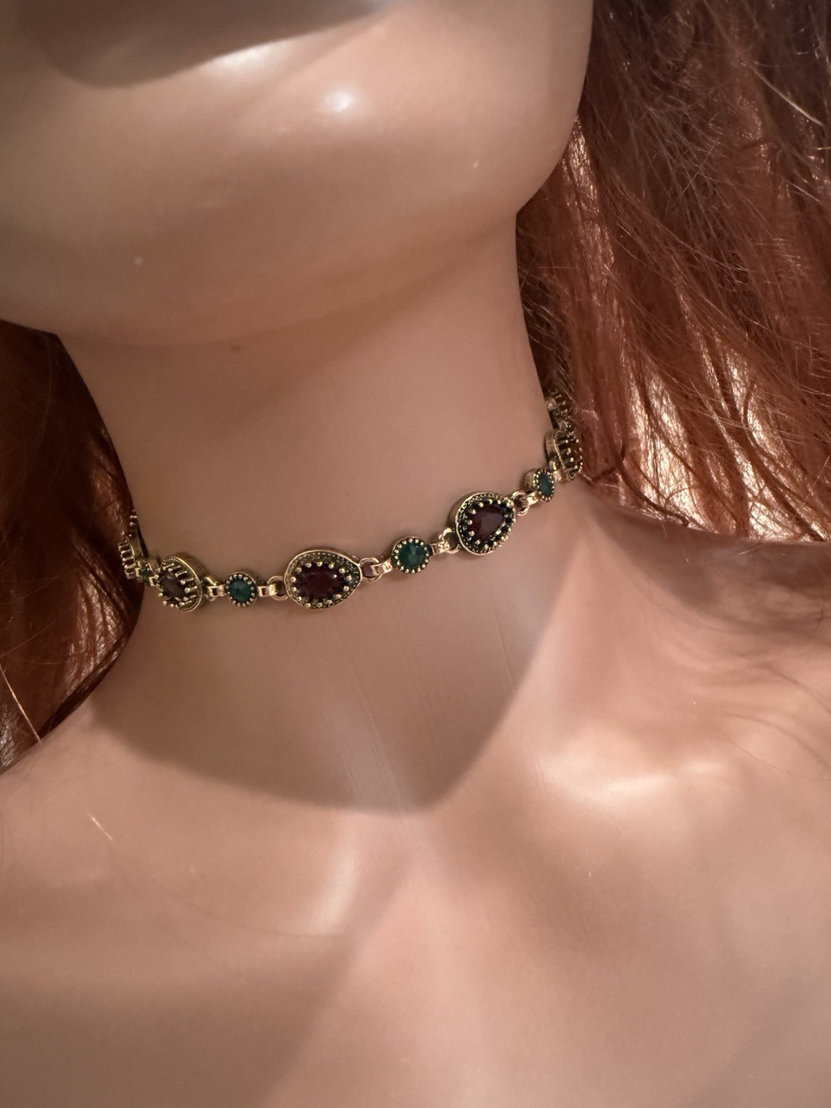 Gold Choker Necklace Chunky Statement Red Green