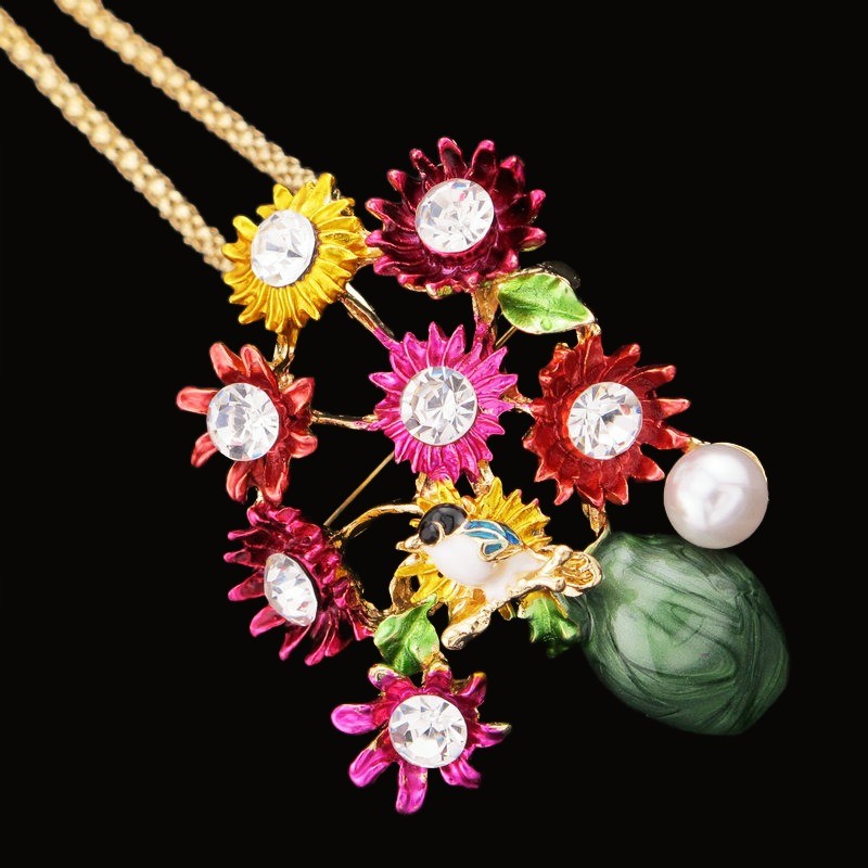 Fashion Multicolour Enamel Cute Flower Vase Crystal Pendant Women Necklace Gift