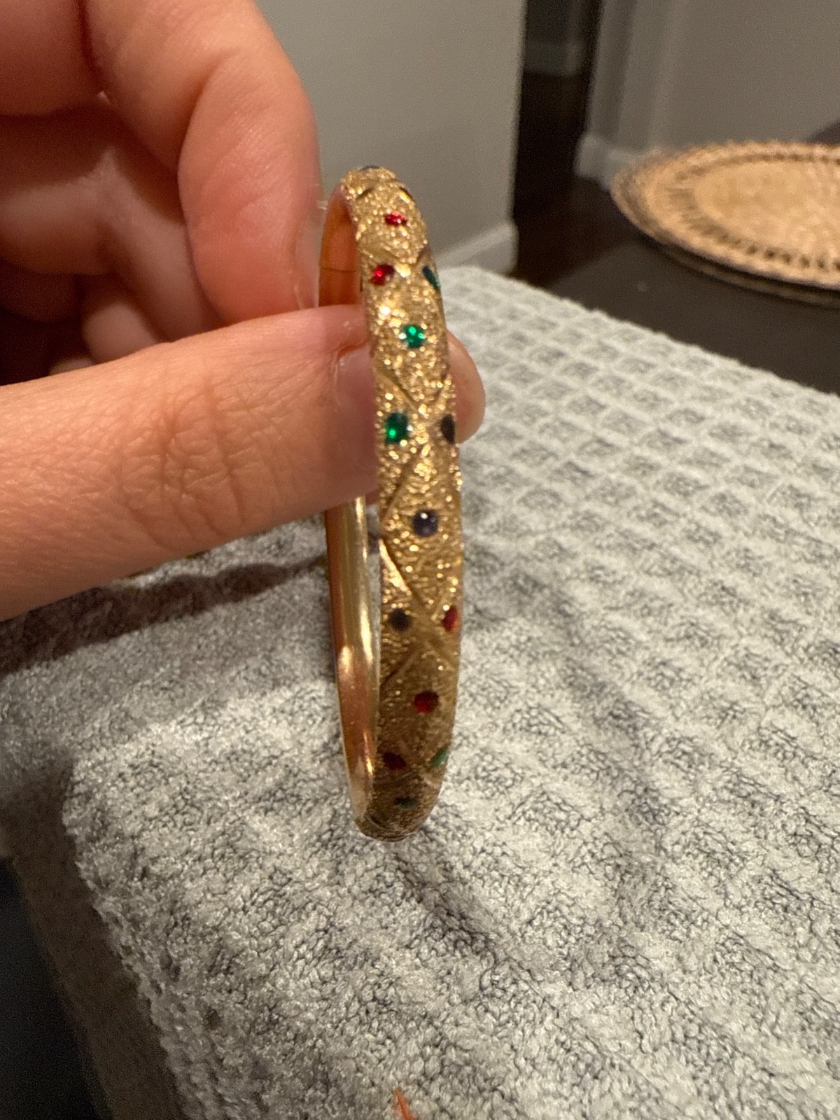 Vintage 14K Yellow Gold Enamel Bangle Bracelet – Unique Estate Stackable Cuff –