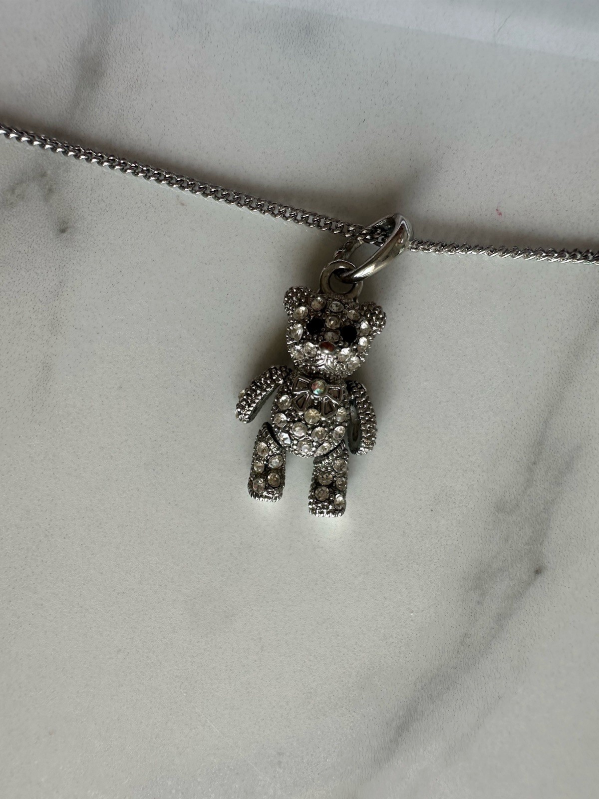 Vintage Style Articulated Rhinestone Teddy Bear Pendant Necklace Silver Tone