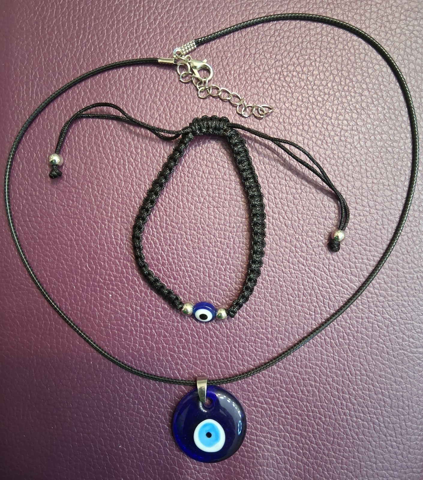 Turkish Blue Evil Eye Round Glass Amulet Necklace & Bracelet Free