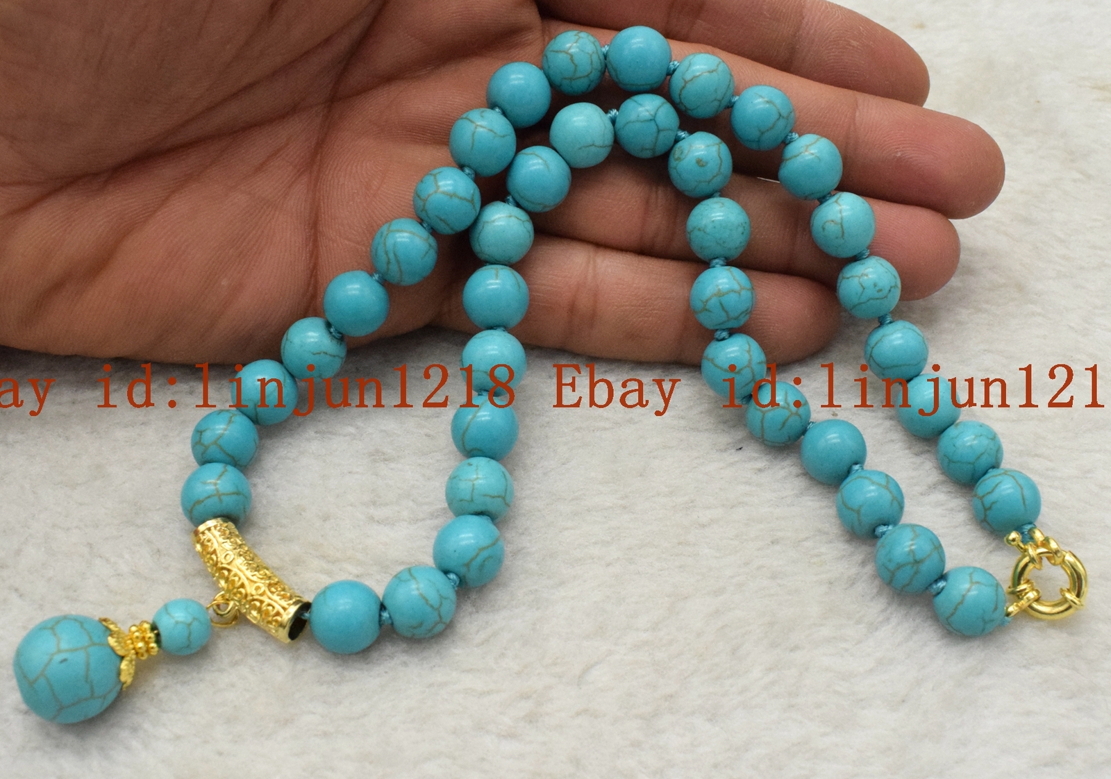 Natural 10mm Blue Turquoise Round Gemstone 8-10mm Pendant Beads Necklace 18”
