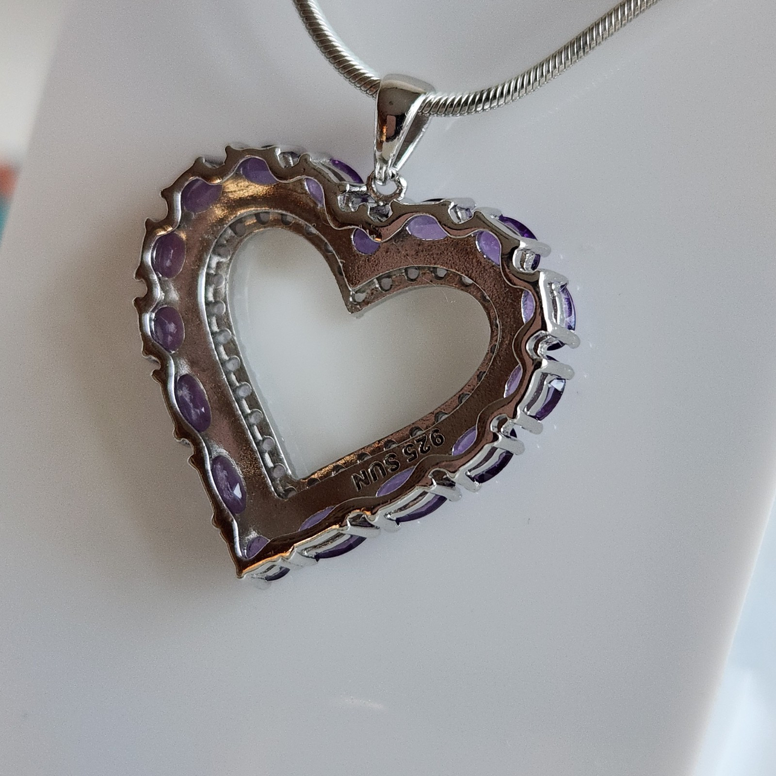 Heart Pendant 3 Ct Natural Amethyst and Mined Diamonds 925 Sterling Silver