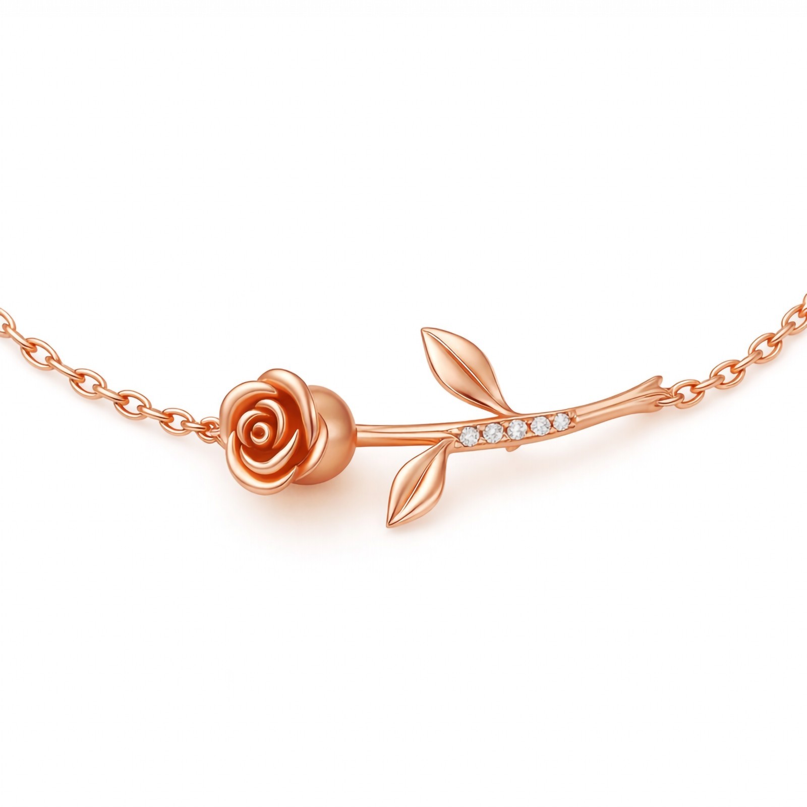 Rose Gold Rose Flower Necklace CZ Accent Elegant Women Gift