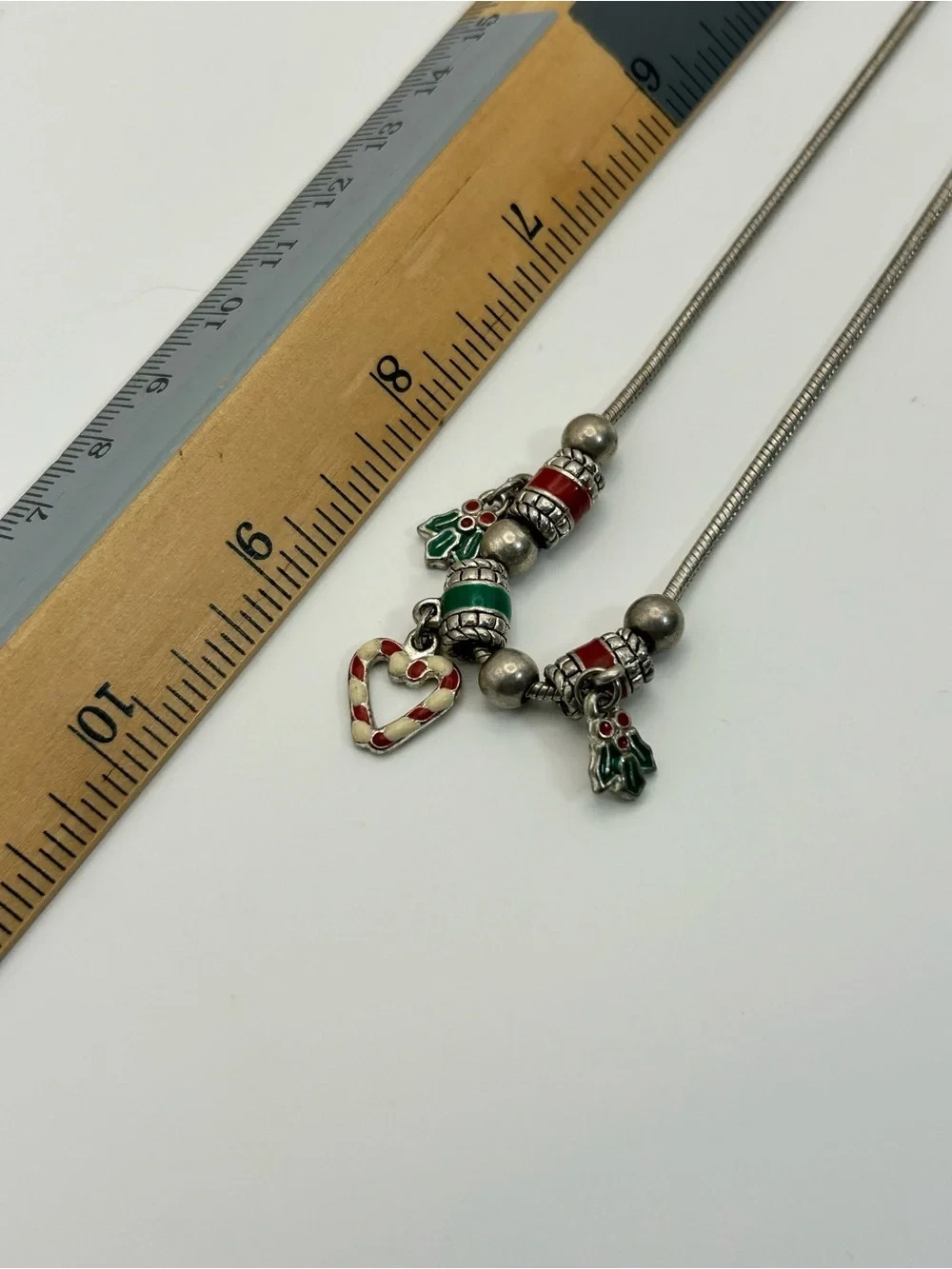 Cookie Lee Holiday Charm Necklace Red Green Silver-Tone Candy Cane Heart 18″ VTG