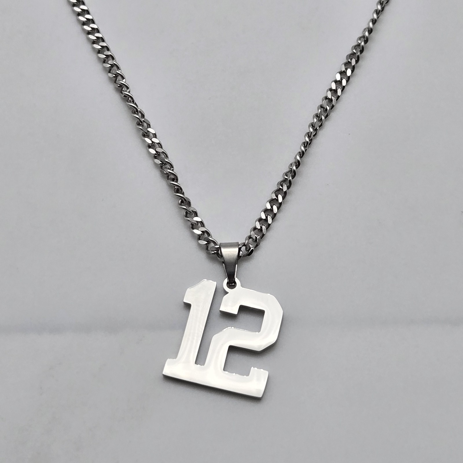 #12 BASEBALL FOOTBALL NUMBER Pendant Charm / 20″-24″ STAINLESS CHAIN NECKLACE
