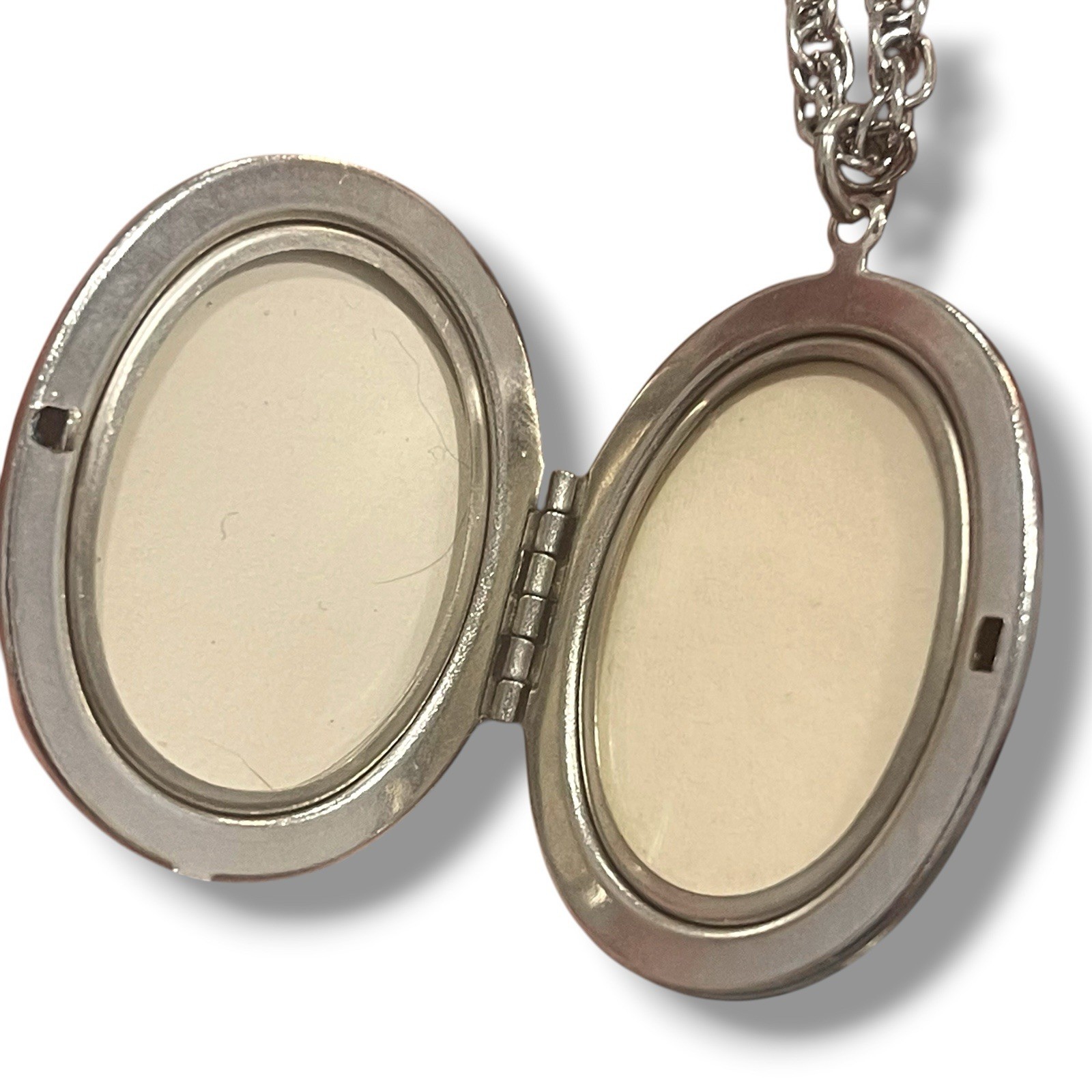 Porcelain Photo Locket Necklace Anemone Wildflowers Vtg 24” Chain Silver Tone