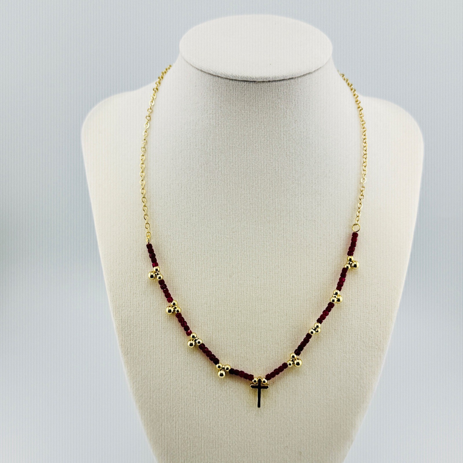Gold Tone Beaded Cross Necklace Red Faceted Beads Religious Rosary Style Jewelry