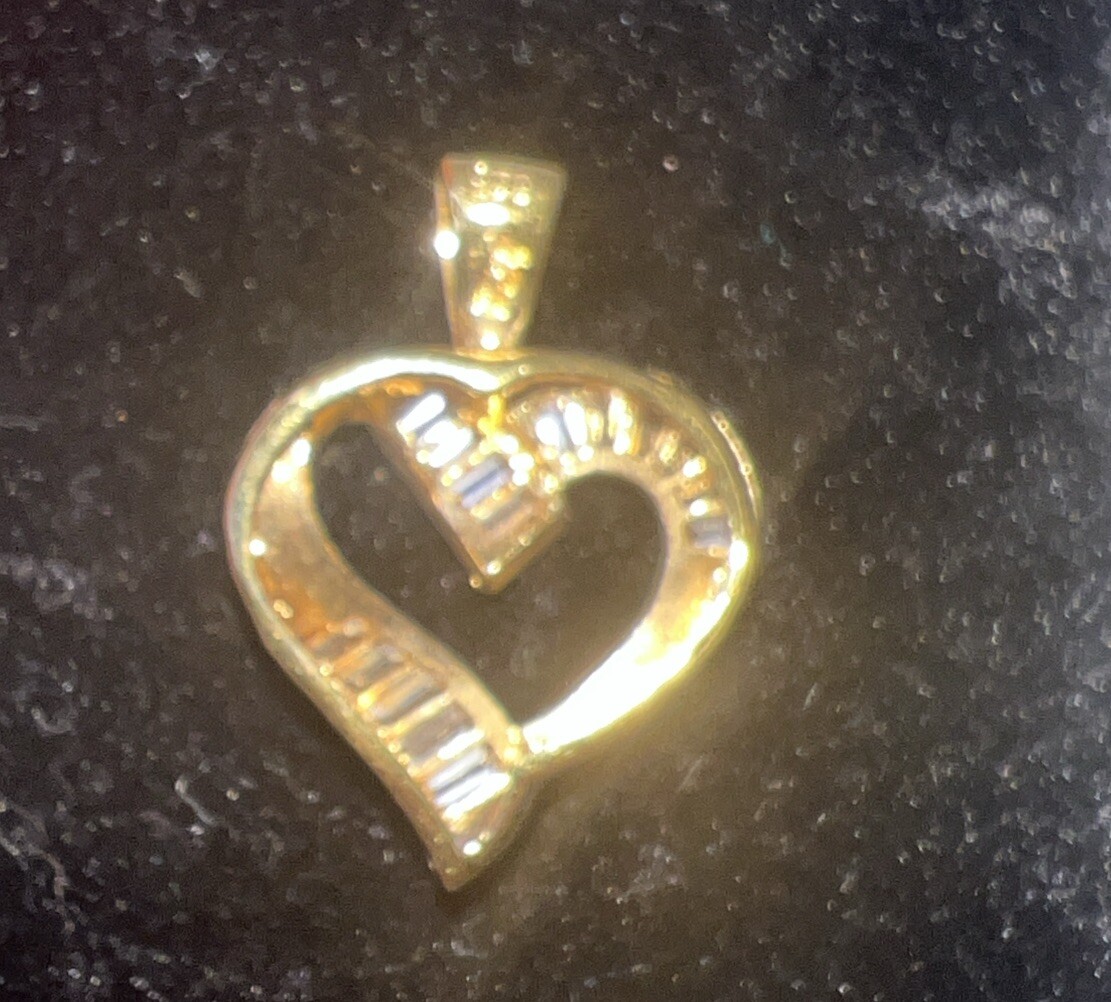 Modern Clear Cz Baguette Heart Pendant for Necklace Gold over Sterling Silver