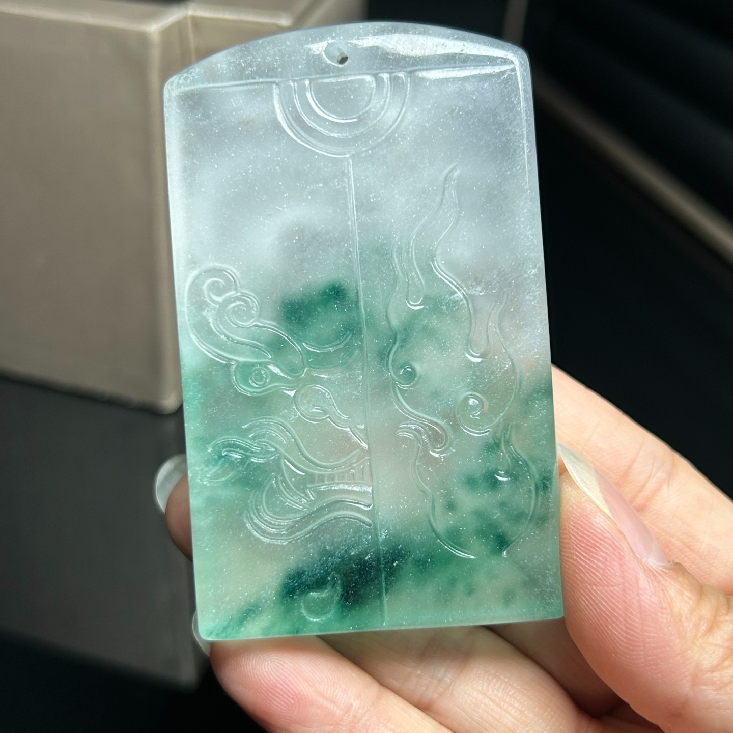 Nature ice green&white Burmese Jade Jadeite Carved dragon lucky Pendant&Necklace