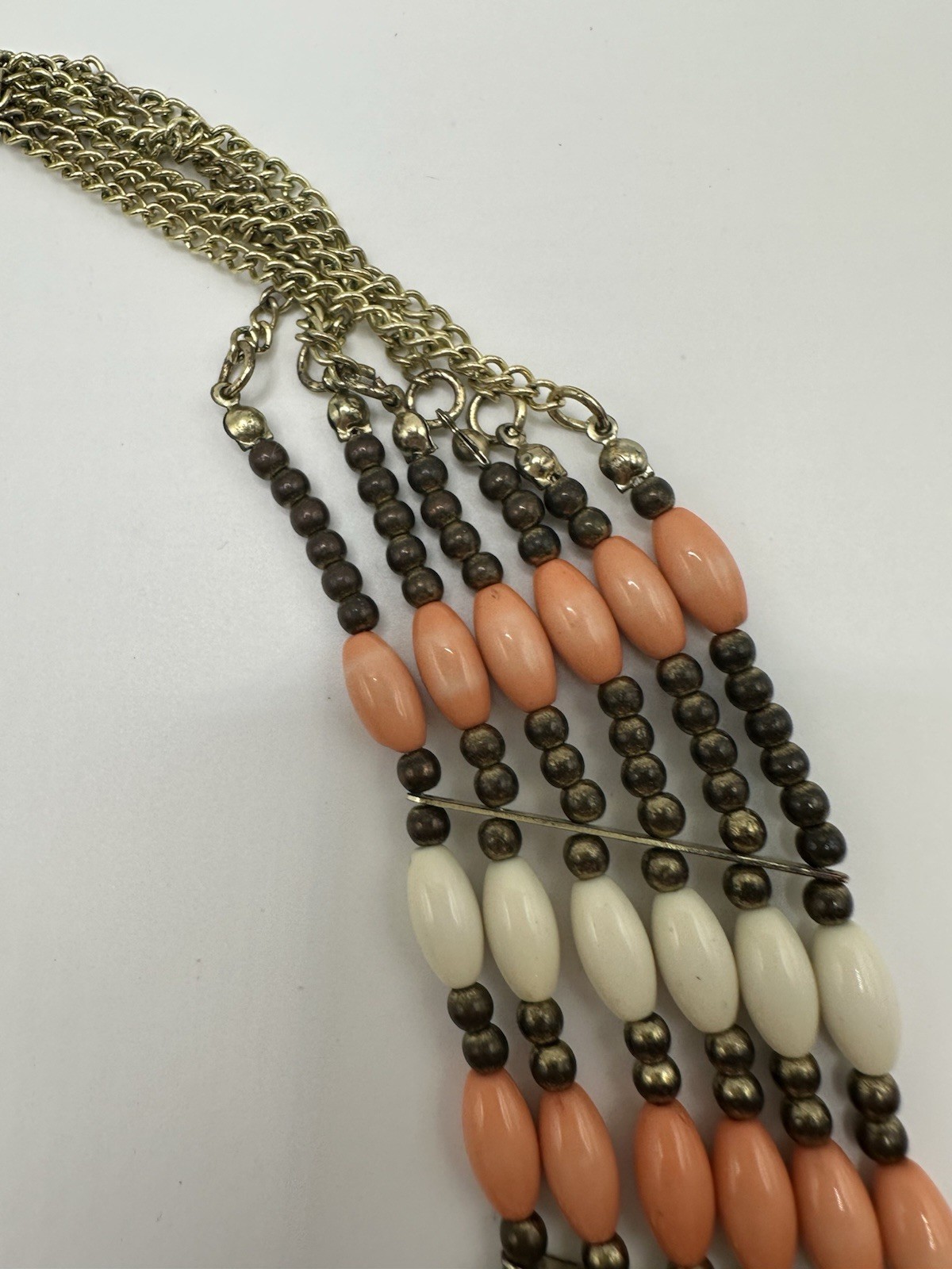 Gold Tone Pink And White Beaded Multi Strand Boho Native Style Necklace 24”