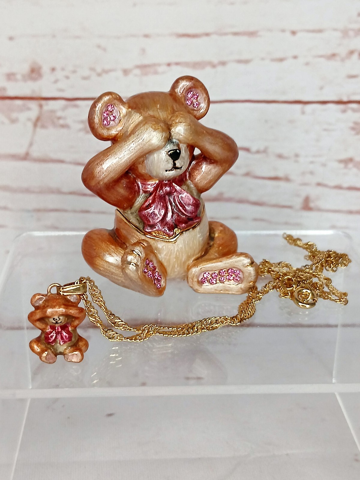 Vintage 2004 Arora Hidden Treasures Trinket Box Necklace Enamel Teddy Bear Baby