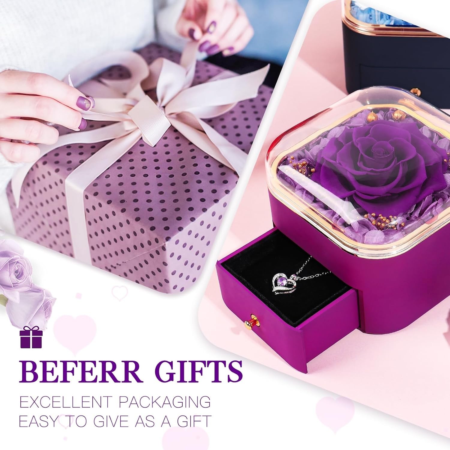 Preserved Real Purple Rose w/ Necklace – Eternal Valentine Birthday Gift for Her