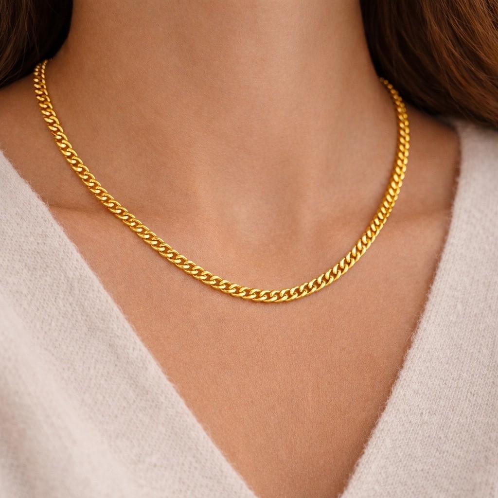 Unisex Gold Tone Curb Flat Chain Necklace High Polish 18″ Smooth Comfort