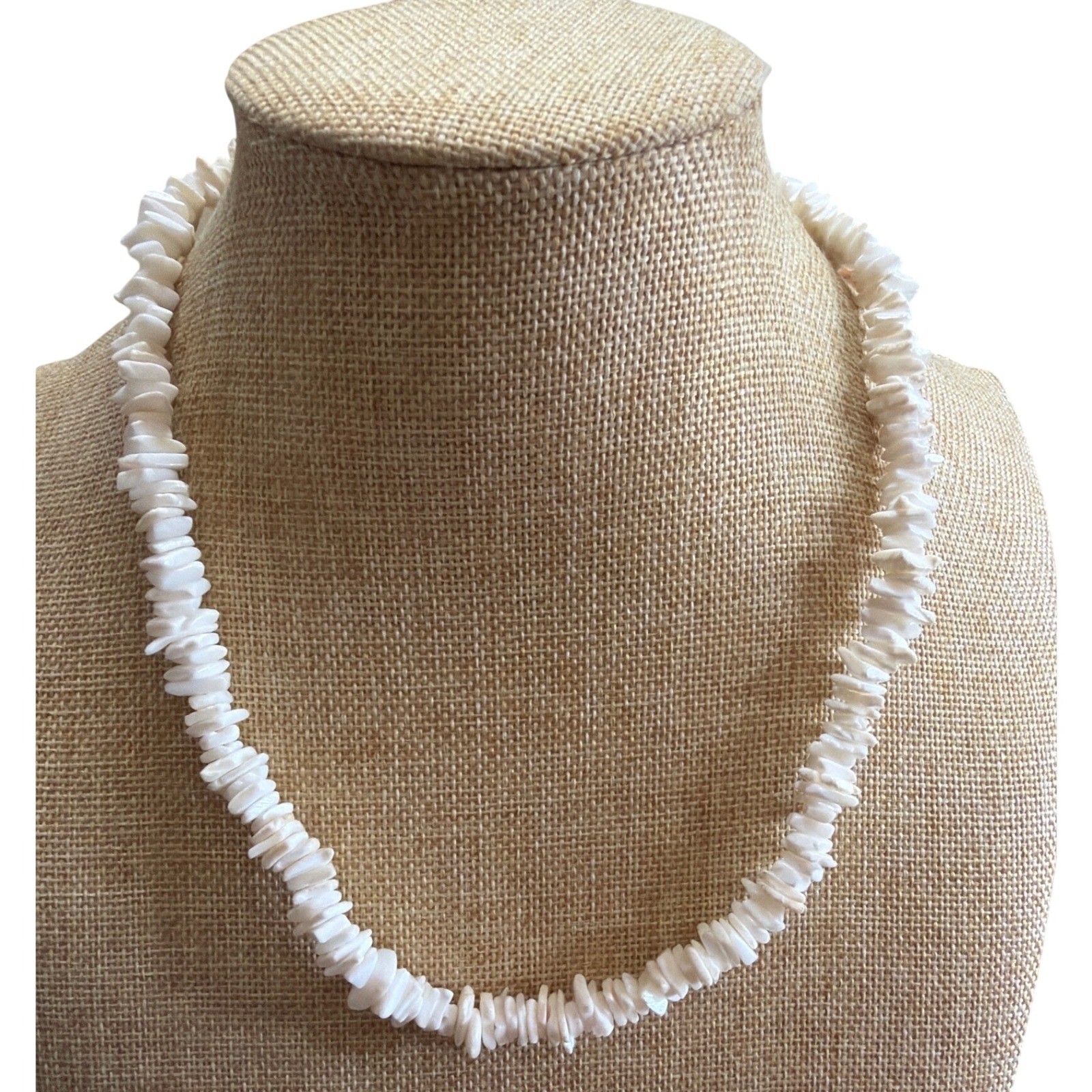 Vintage White Puka Shell Chip Necklace 17 Inch Barrel Clasp Coastal Beachy Boho