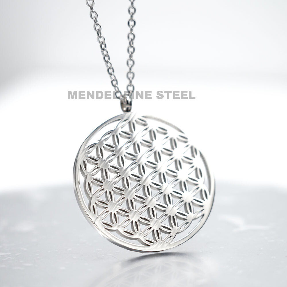 MENDEL Stainless Steel Flower of Life Sacred Geometry Charm Pendant Necklace