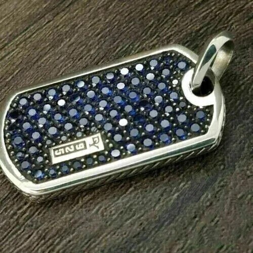 2Ct Simulated Blue Sapphire Dog Tag Pendant 14k White Gold Plated Silver