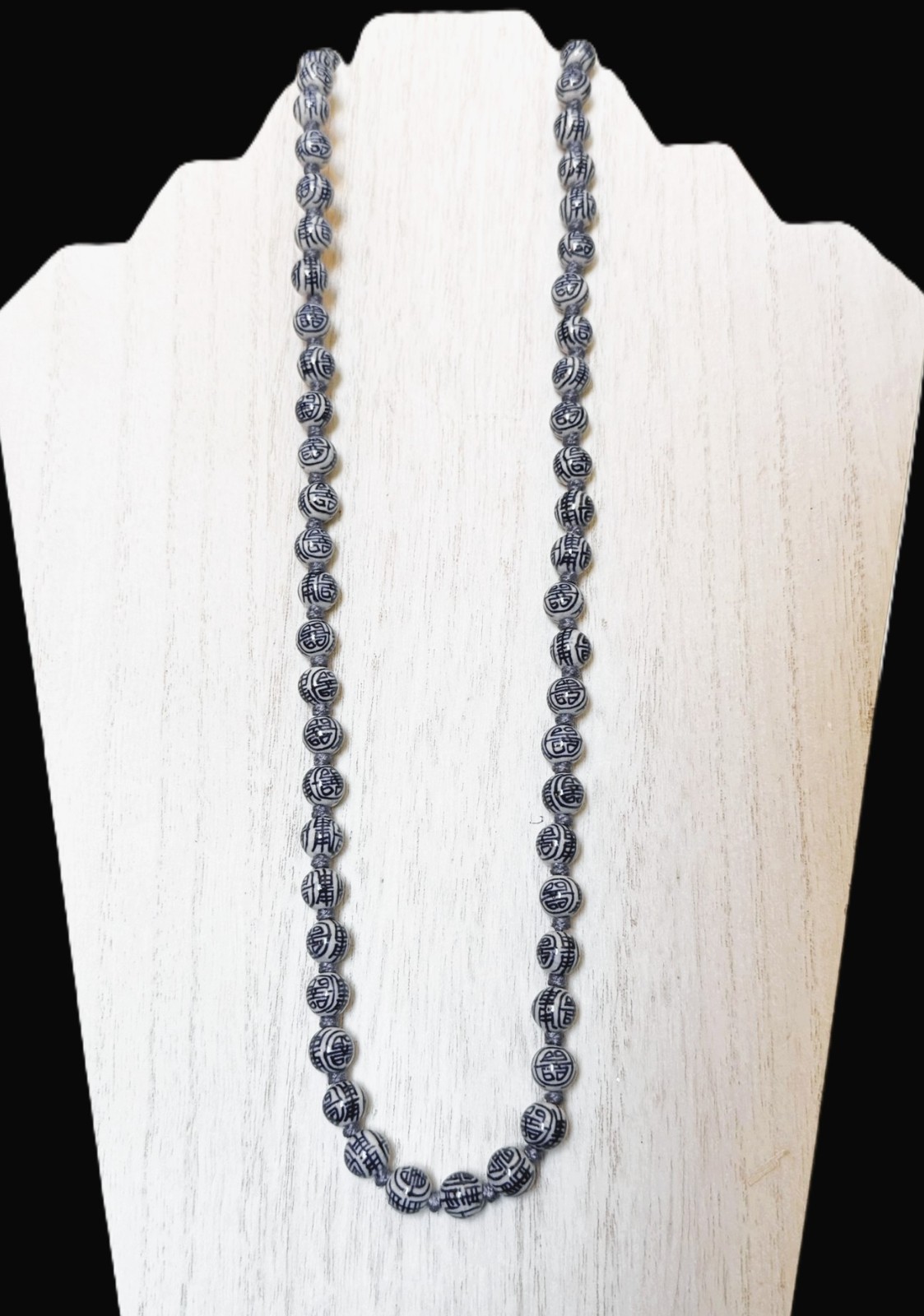 Vintage Chinese Necklace Blue White Porcelain SHOU Longevity Beads 24″ Knotted