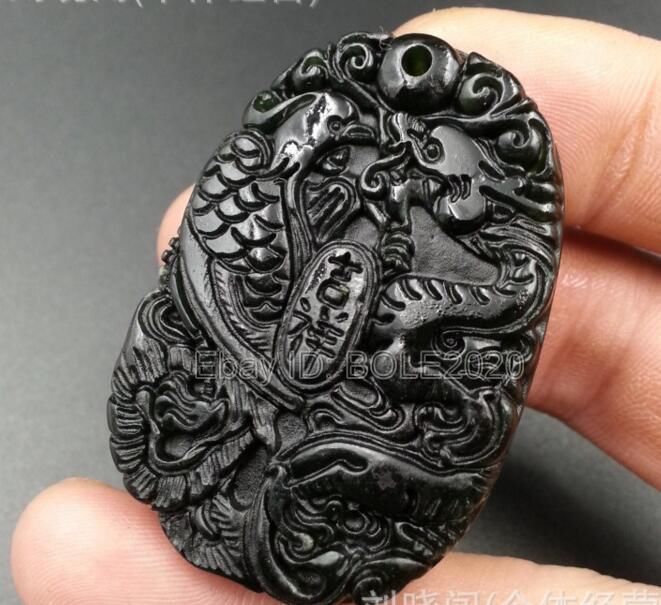 Natural Black Green Jade Carved Chinese Dragon Phoenix Pendant Necklace Jewelry
